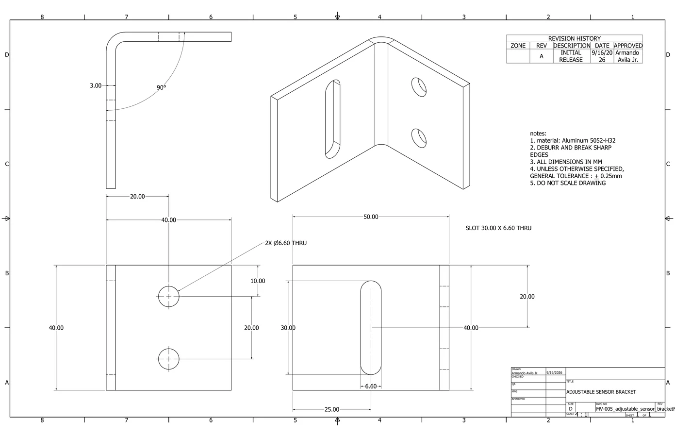 Actual adjustable sensor bracket CAD drawing by Armando Avila Jr.
